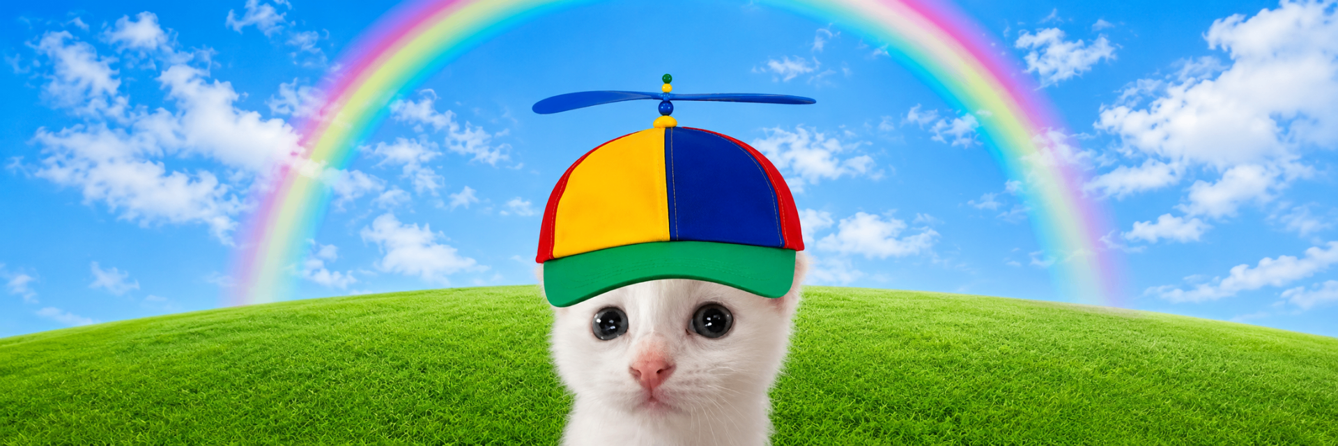 A white kitten wearing a rainbow propeller hat under a rainbow
